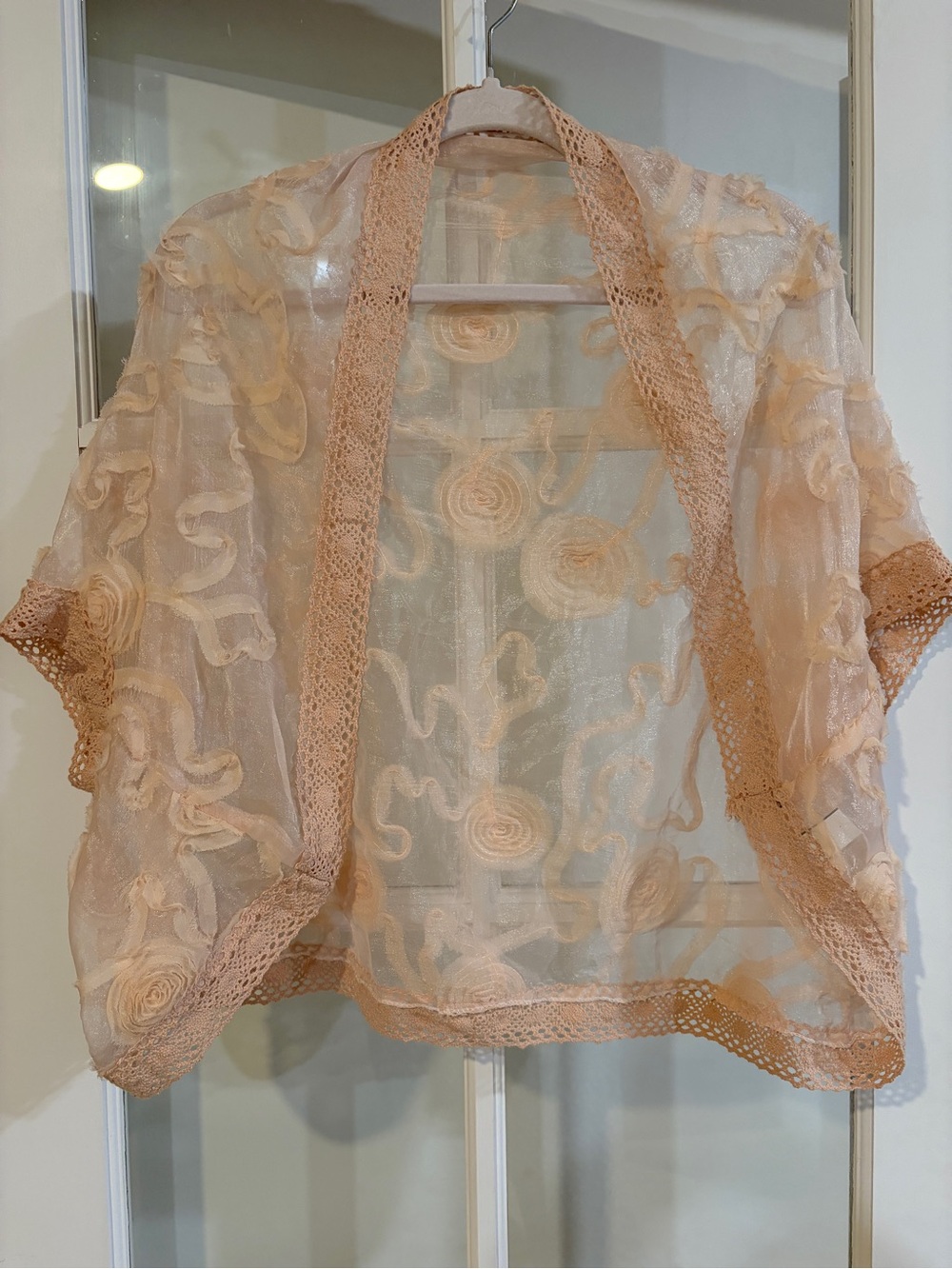 Women’s Peach Sheer Shrug Lace Crochet Rosette Romantic Boho Bolero Cardigan